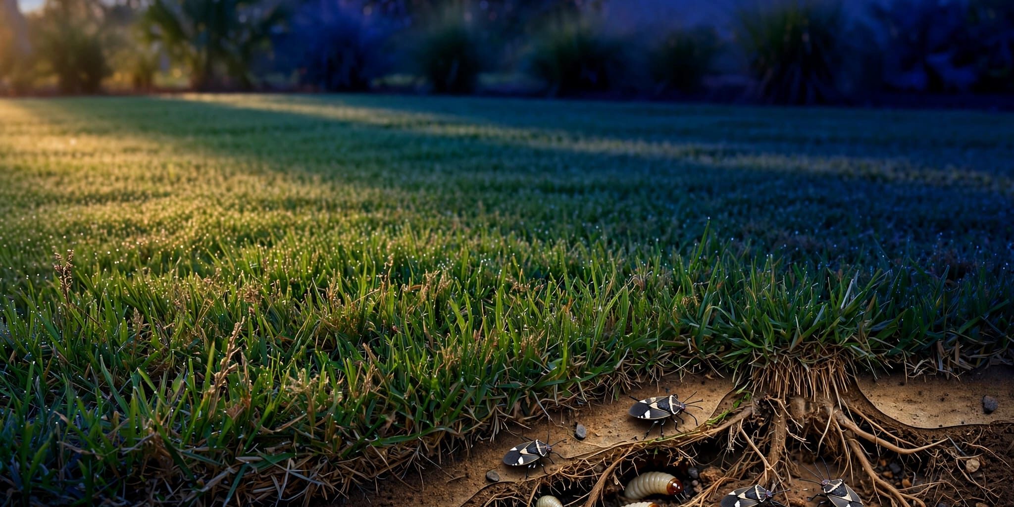 Florida Lawn Pest Activity Healthy grass at dusk with chinch bugs visible beneath the turf.