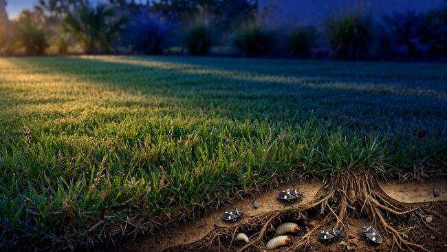 Healthy grass at dusk with chinch bugs visible beneath the turf.