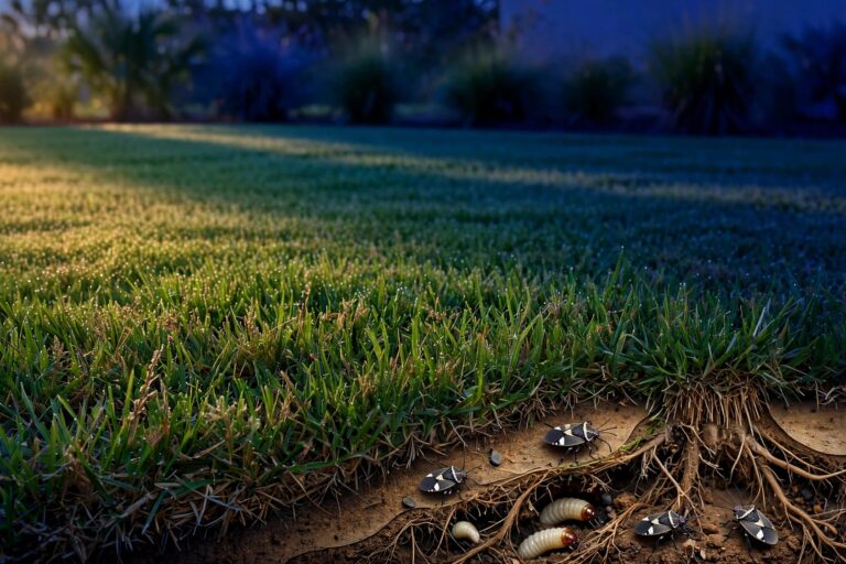 Healthy grass at dusk with chinch bugs visible beneath the turf.