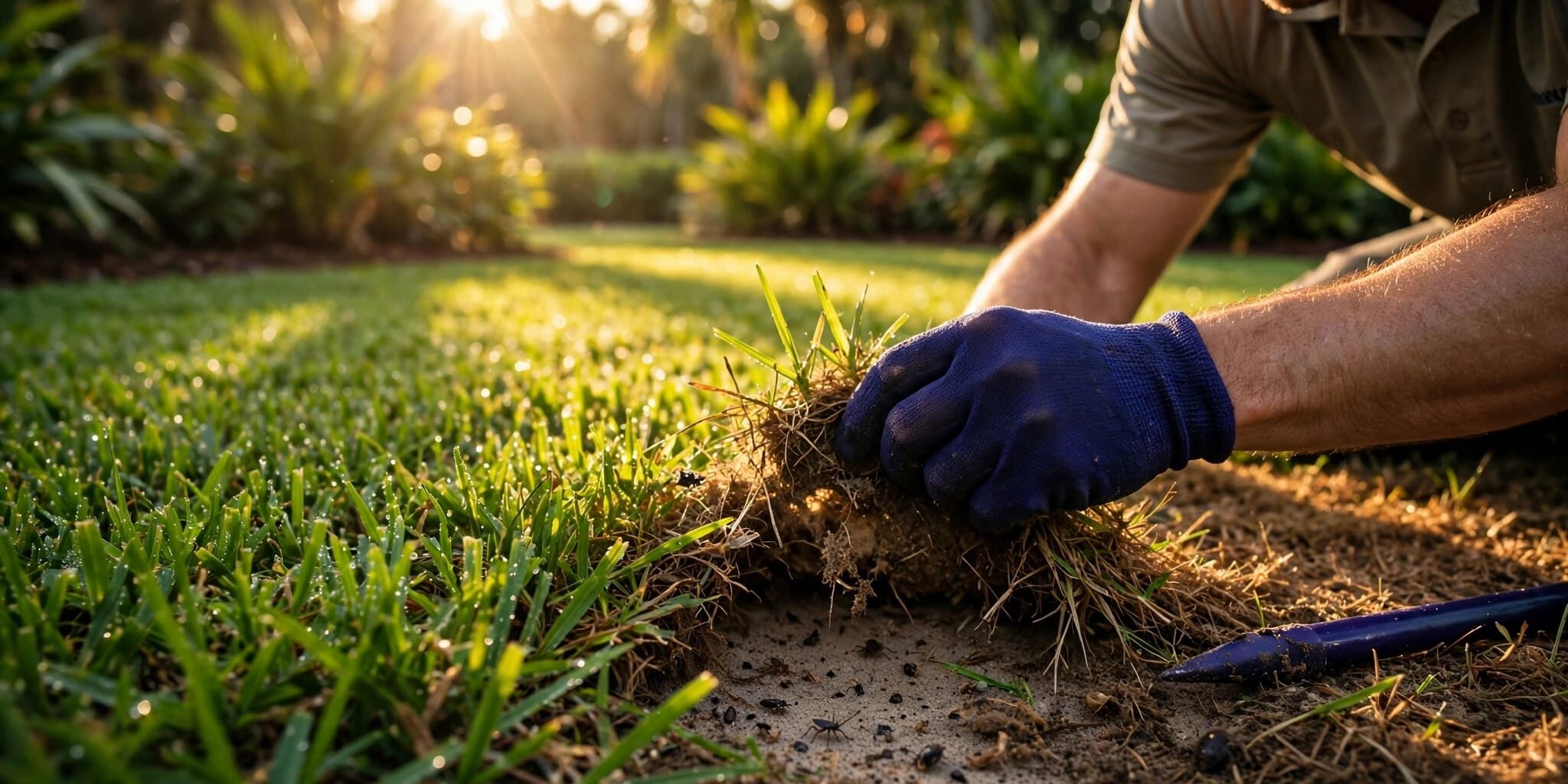 St Augustine Lawn Inspection Technician inspecting insects and feeding damage beneath St. Augustine grass.