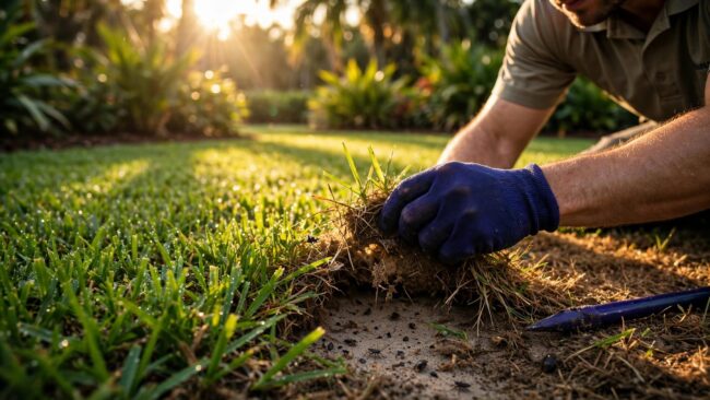 St Augustine Lawn Inspection Technician inspecting insects and feeding damage beneath St. Augustine grass.