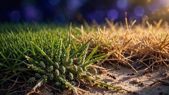 Southwest Florida Lawn Aphids Aphids cluster on grass beside yellow lawn patches and sandy soil.