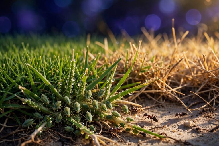 Aphids cluster on grass beside yellow lawn patches and sandy soil.