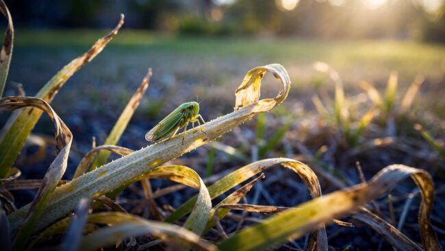 A green leafhopper rests on a pale grass blade above yellowing turf.