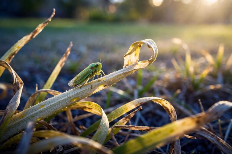 A green leafhopper rests on a pale grass blade above yellowing turf.
