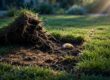 A brown patch marks fresh sod beside exposed roots and a small white grub.