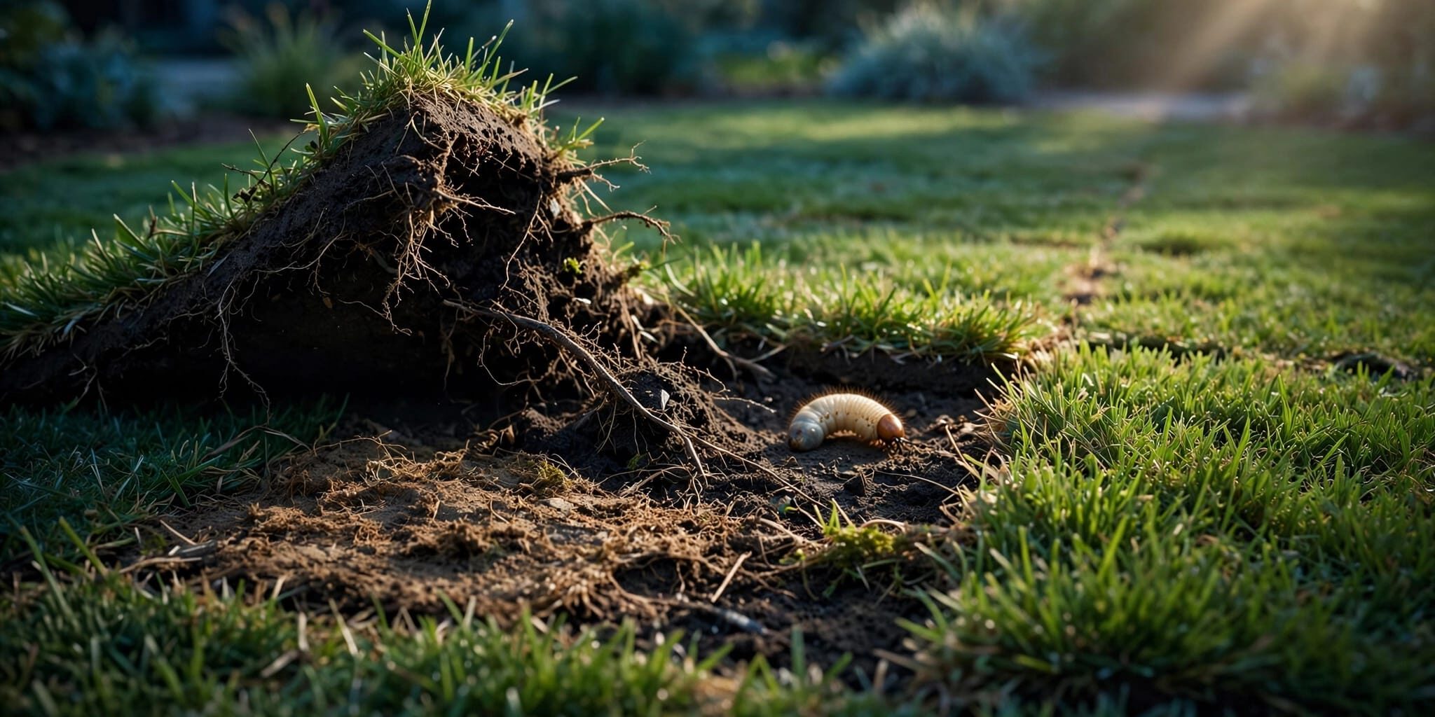 A brown patch marks fresh sod beside exposed roots and a small white grub.