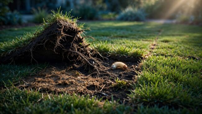 Damaged Fresh Sod A brown patch marks fresh sod beside exposed roots and a small white grub.