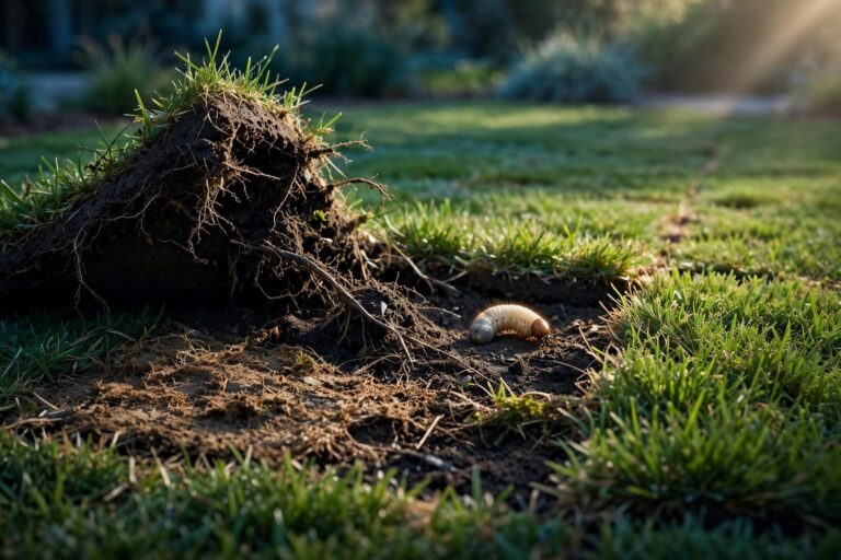 A brown patch marks fresh sod beside exposed roots and a small white grub.