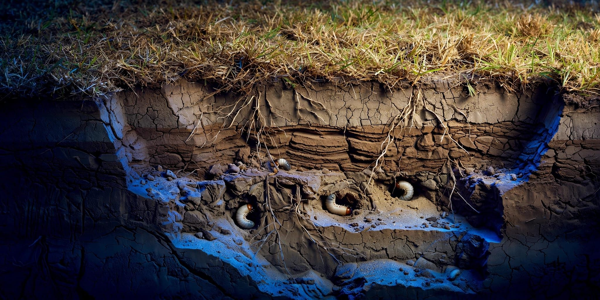 Compacted Lawn Soil A lawn cutaway reveals shallow roots and grubs beneath yellowing grass.