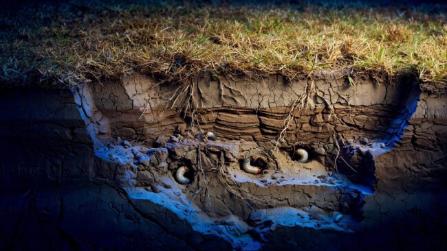 Compacted Lawn Soil A lawn cutaway reveals shallow roots and grubs beneath yellowing grass.