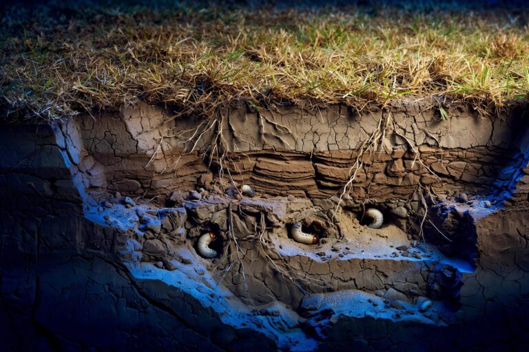 A lawn cutaway reveals shallow roots and grubs beneath yellowing grass.