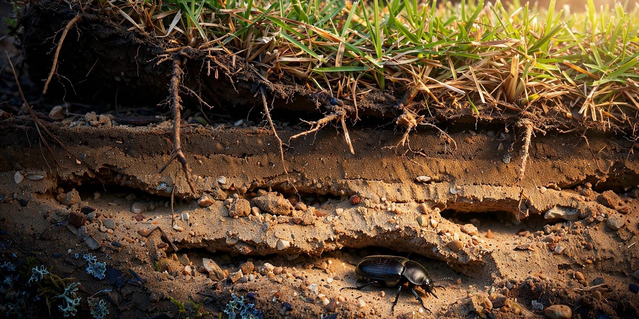 Sugarcane Beetle Lawn Damage A glossy beetle beneath lifted grass with damaged roots and thinning turf.
