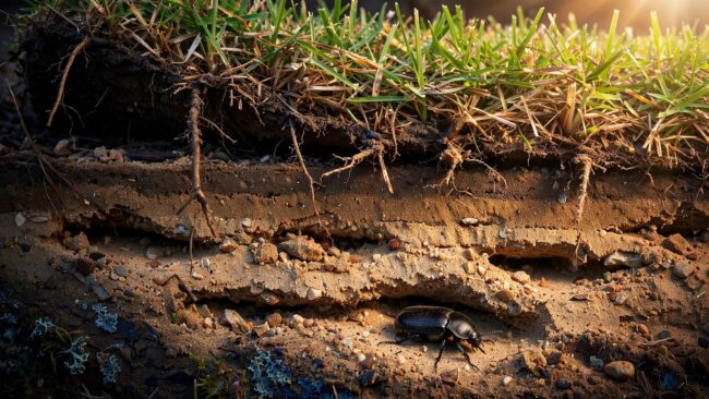 A glossy beetle beneath lifted grass with damaged roots and thinning turf.