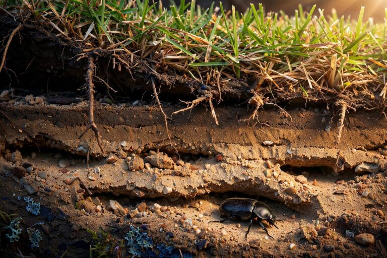 A glossy beetle beneath lifted grass with damaged roots and thinning turf.