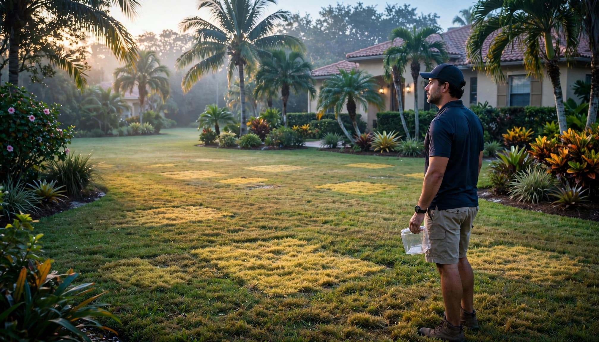 A lawn-care professional examines yellowing turf beside palms in early morning light.