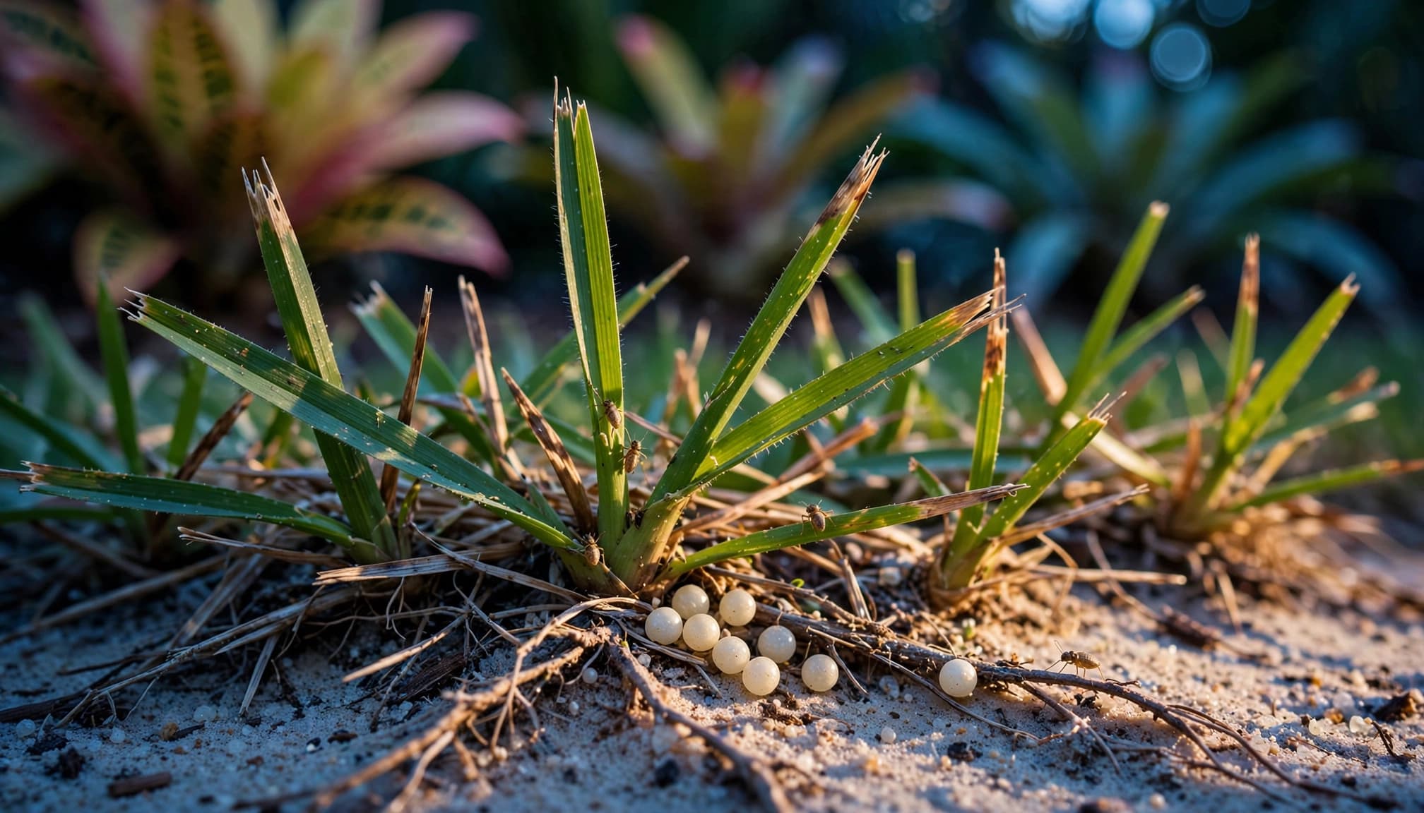 Close-up of ground pearls and tiny scale crawlers among healthy turfgrass.