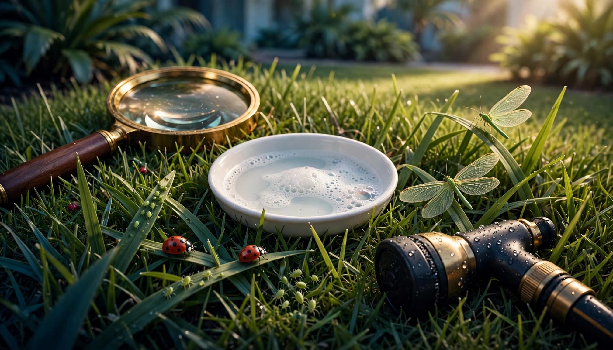 Lawn aphids control tools with insecticidal soap, ladybugs, lacewings, and turf inspection supplies.