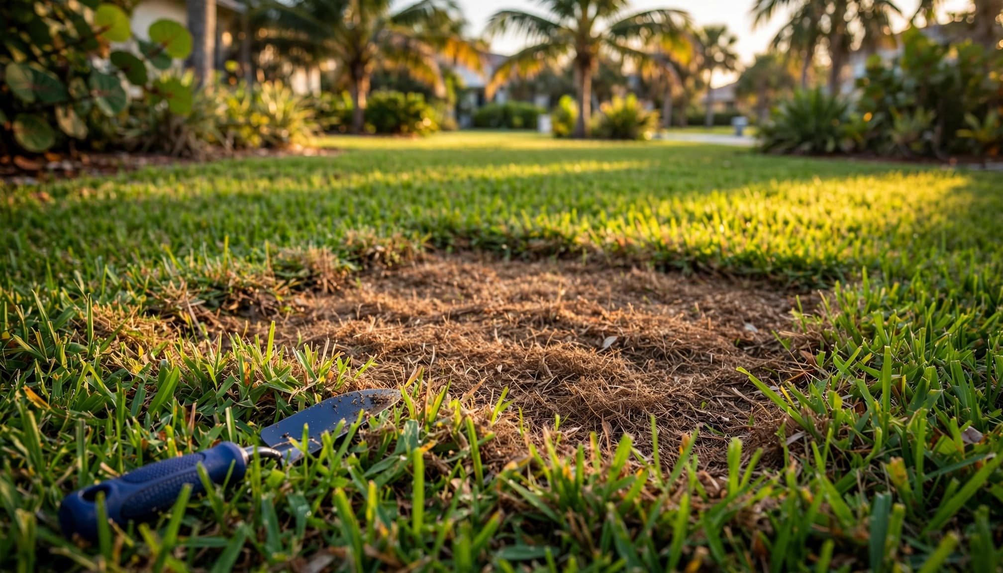 Brown stressed grass beside healthy green St. Augustine turf in a Florida yard during lawn pest treatment timing.