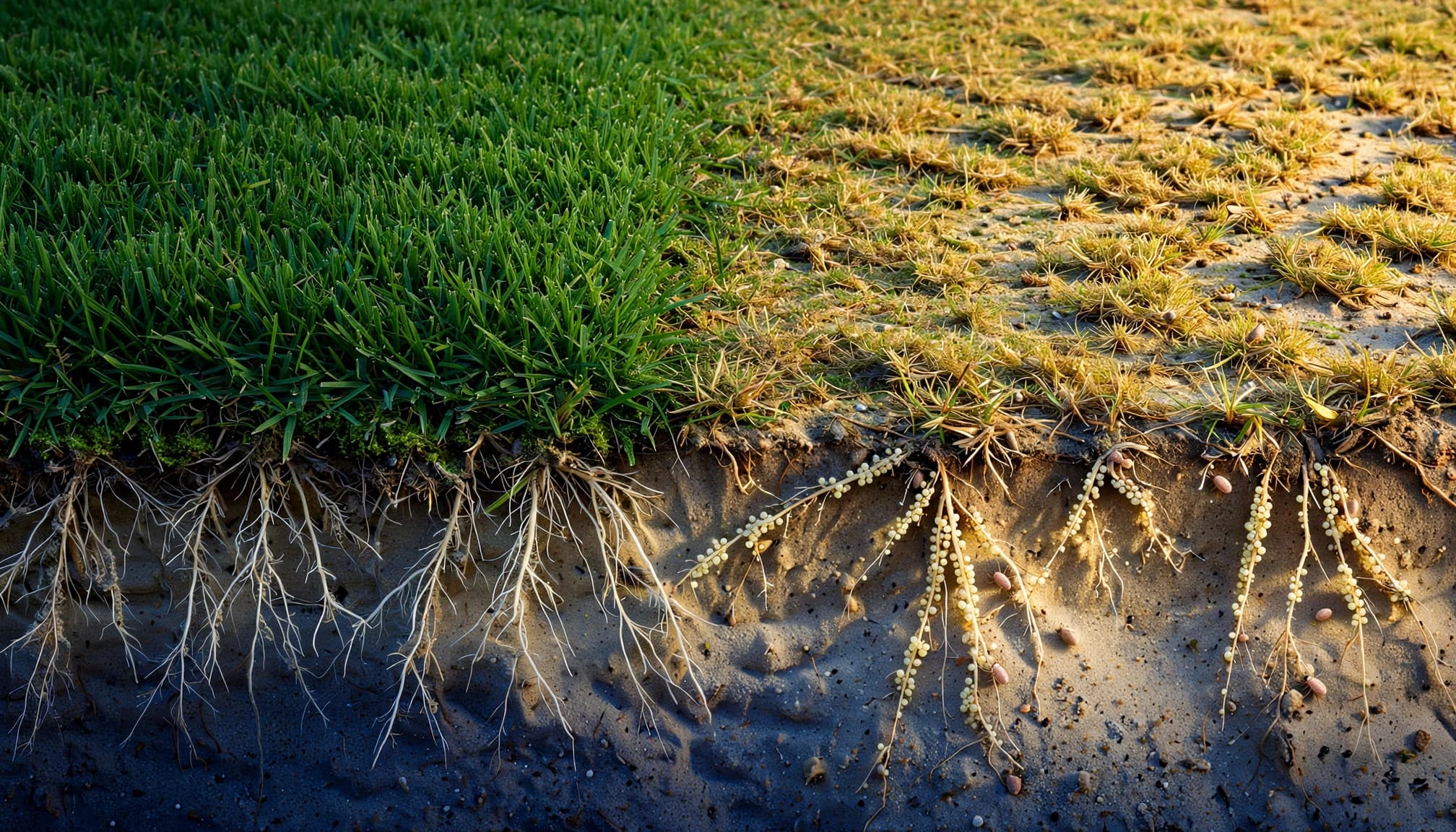 Cutaway lawn showing yellowing grass and ground pearl cysts around roots.