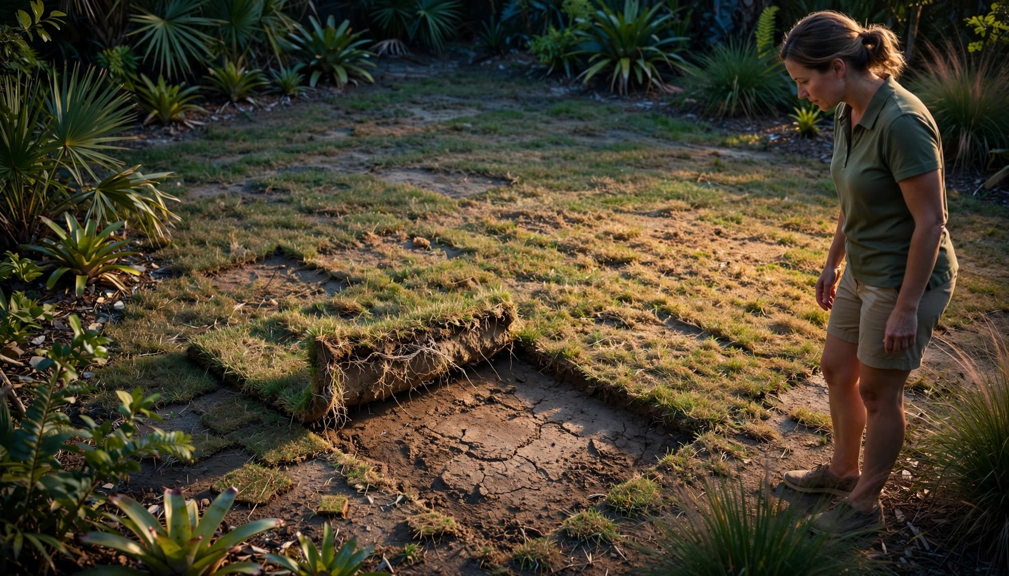 A homeowner inspects a lifted lawn patch for soil compaction and damaged turf roots.