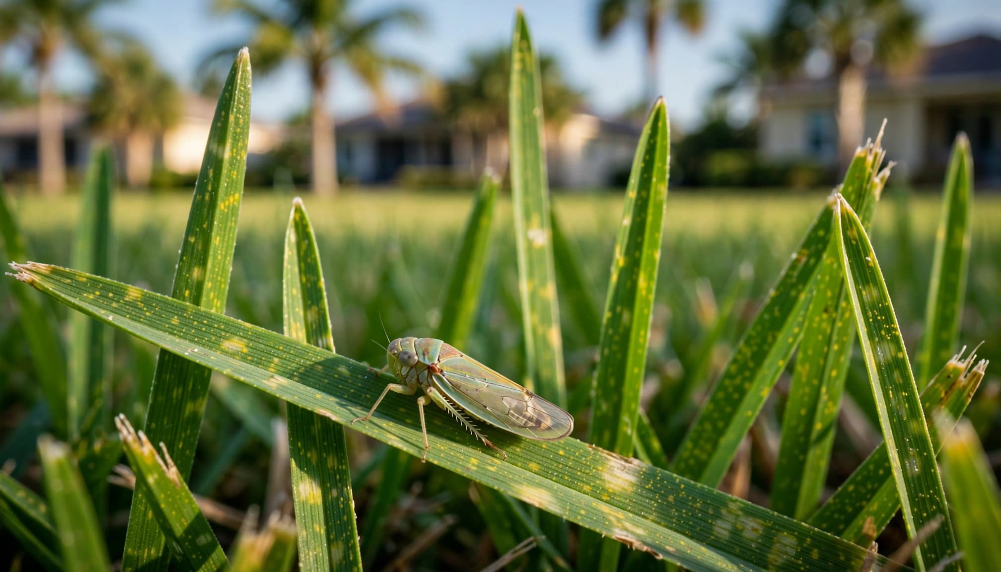 A leafhopper rests on grass with subtle yellow stippling on nearby blades.