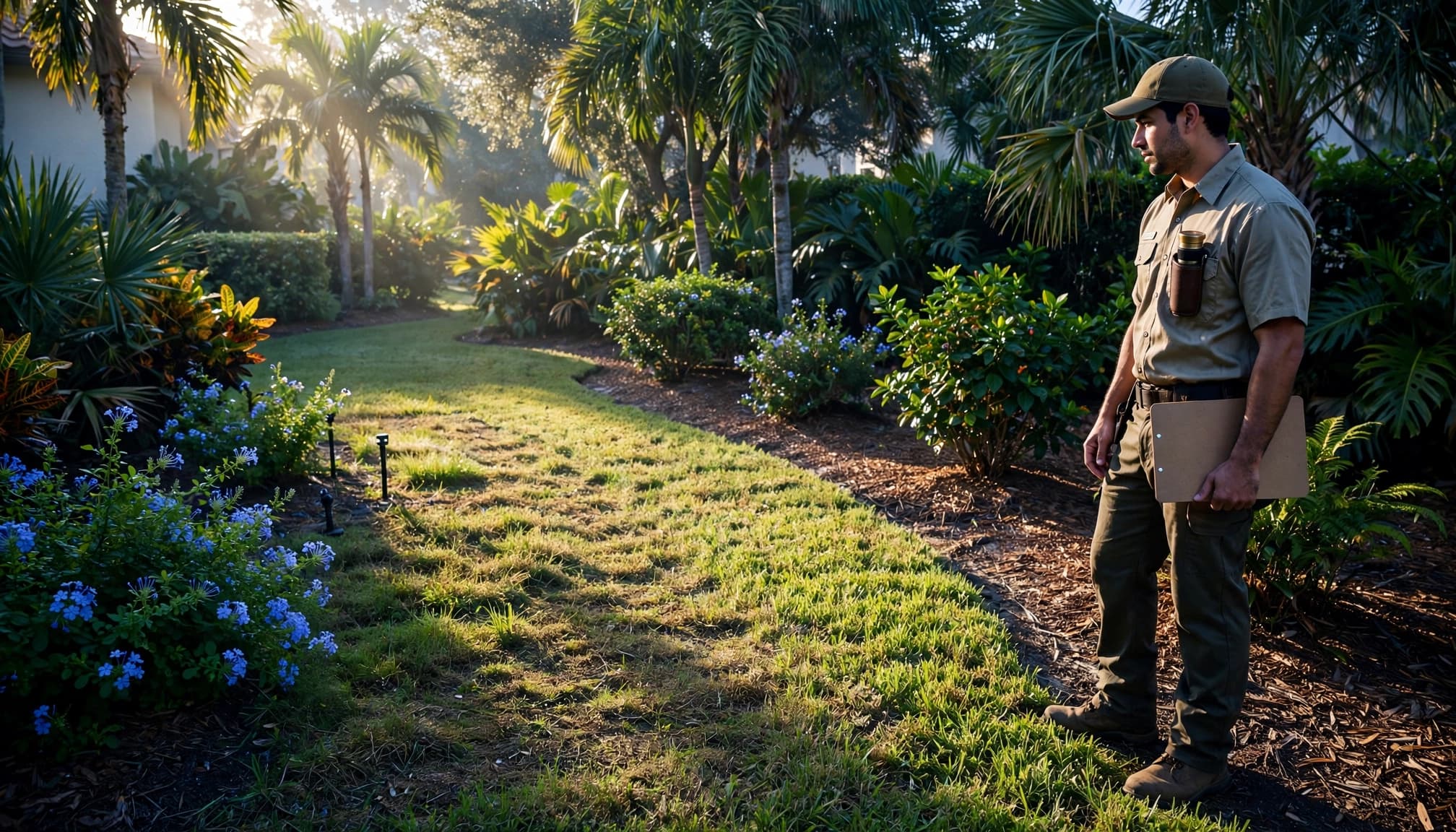 A lawn technician examines stressed St. Augustine grass in a landscaped Florida yard.