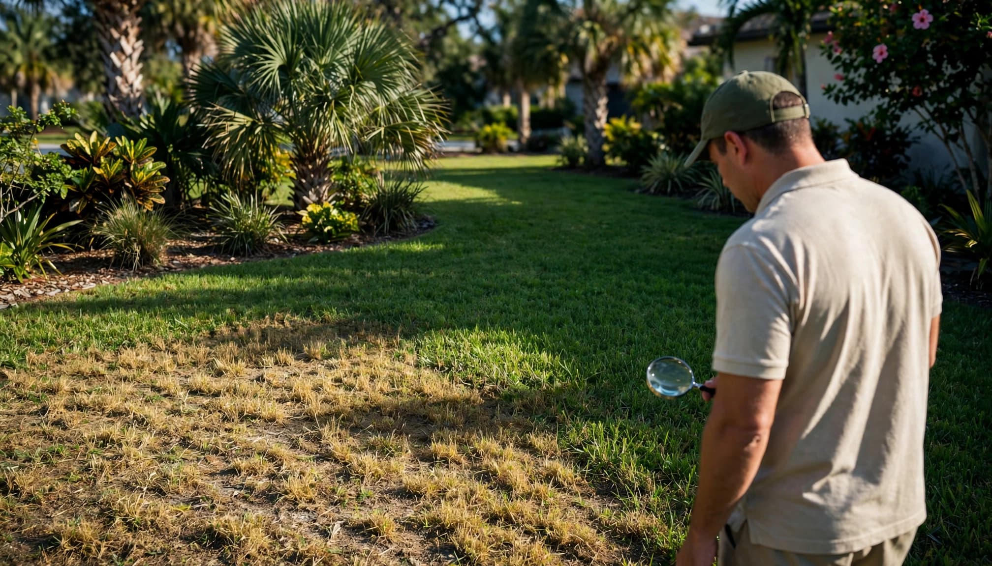 A homeowner inspects yellowing centipedegrass beside healthy turf in a sunny Florida yard.
