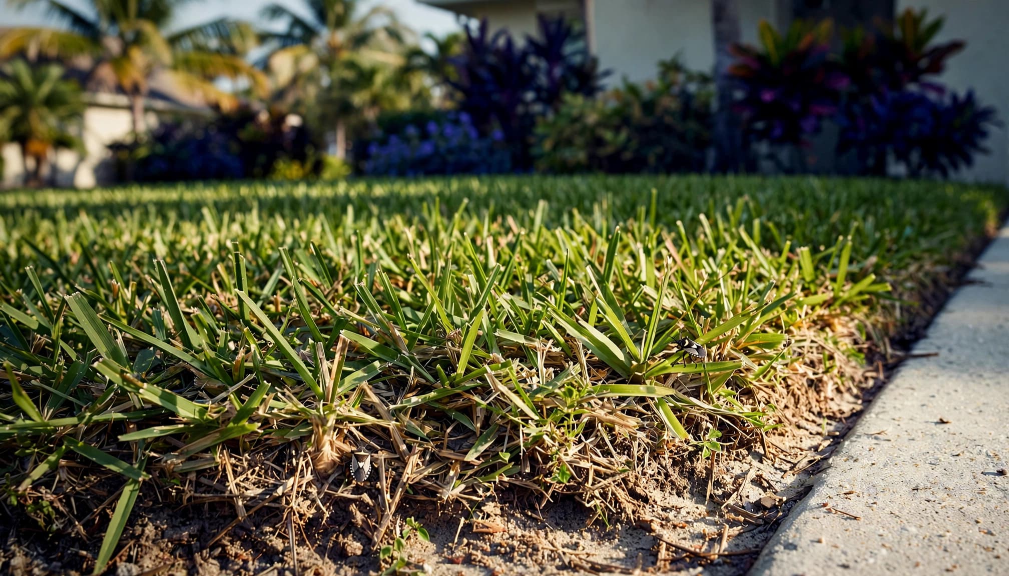 Southwest Florida lawn pests visible along a sunny St. Augustinegrass edge beside a driveway.
