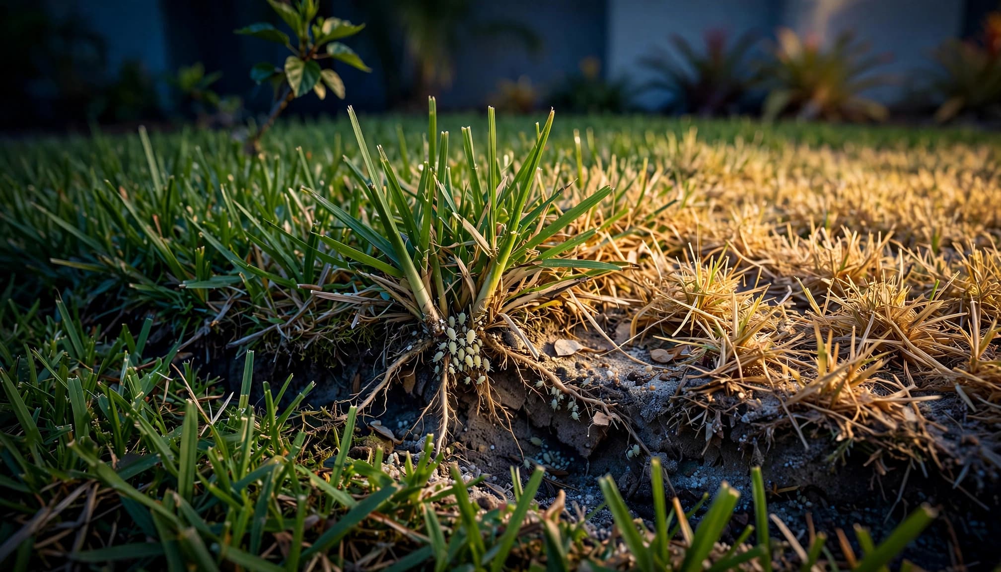 Lawn aphids damage visible in yellow and green St. Augustine turf with exposed roots and pale aphids near the soil.