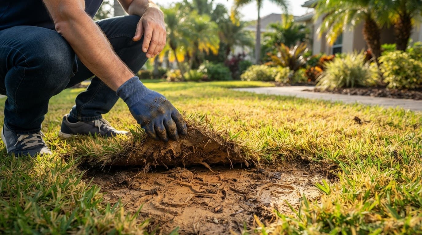 Inspection beneath St. Augustinegrass in a sunny Southwest Florida lawn.