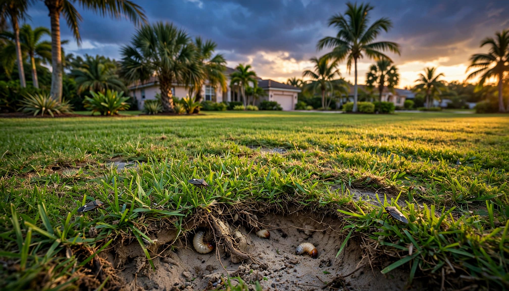 A Florida lawn with exposed roots, sandy soil, and a few visible pests.