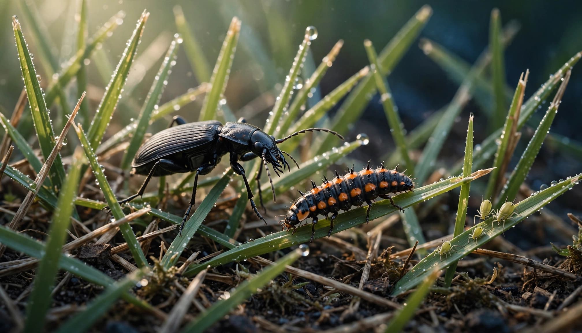 Illustration of beneficial turf insects, including a ground beetle and lady beetle larva among grass blades.