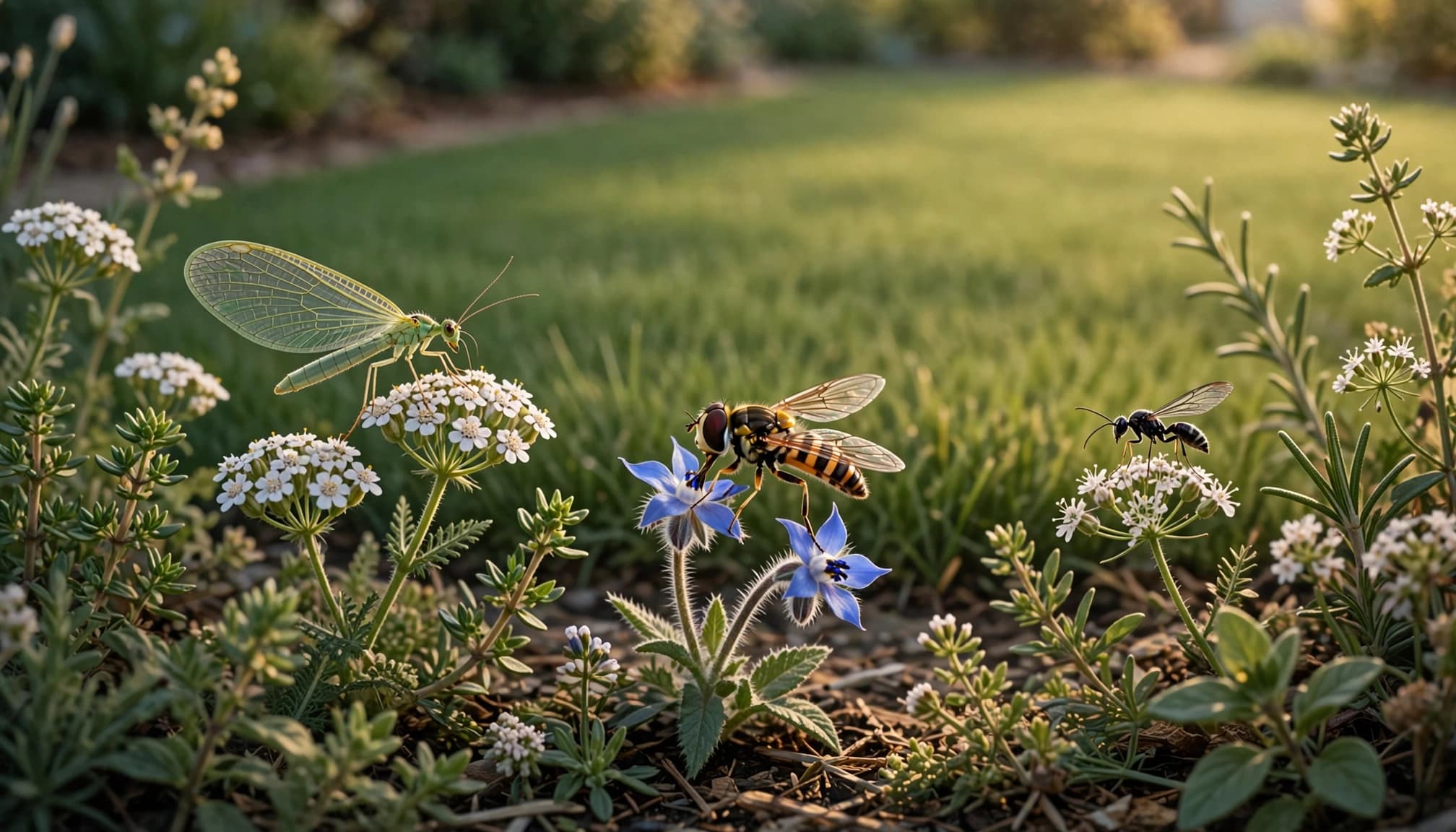 Illustration of beneficial turf insects visiting flowering plants beside a maintained lawn.