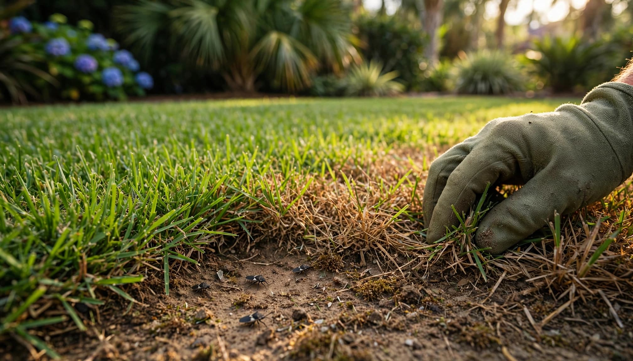 Inspection at a damaged lawn edge to check for lawn thatch insects.