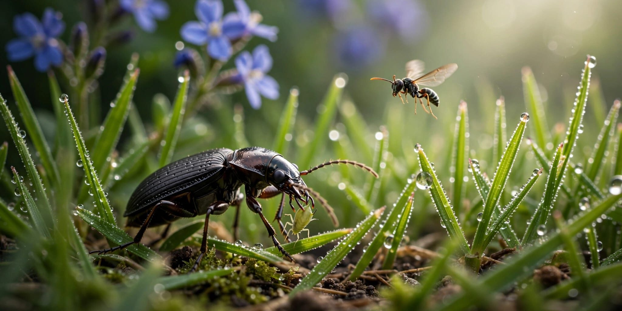 Ground Beetle in Dewy Turf A ground beetle hunts a small pest among wet grass, with flowers blurred behind.
