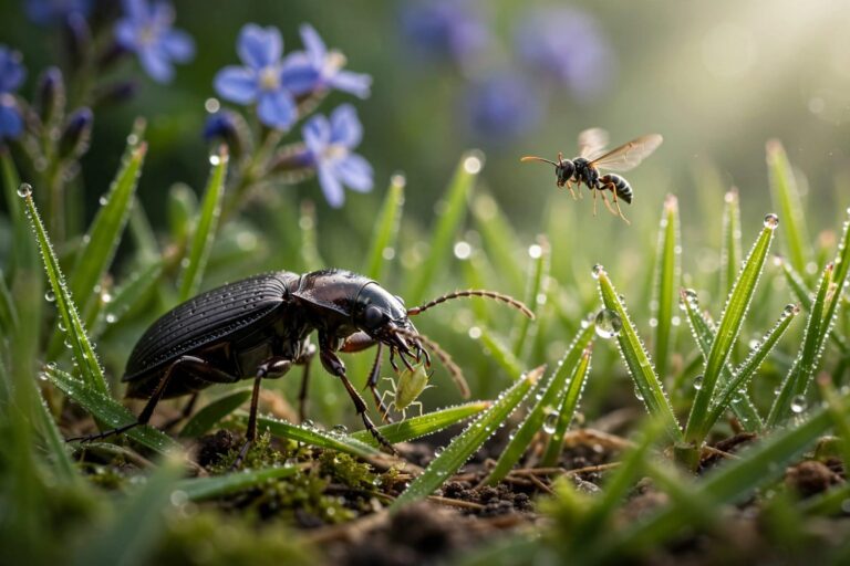 A ground beetle hunts a small pest among wet grass, with flowers blurred behind.