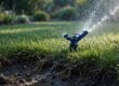 An indigo sprinkler waters green grass in morning light.
