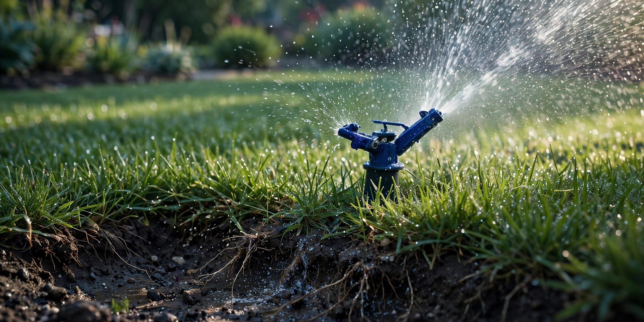 An indigo sprinkler waters green grass in morning light.