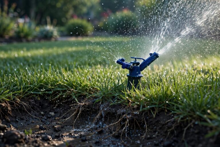An indigo sprinkler waters green grass in morning light.