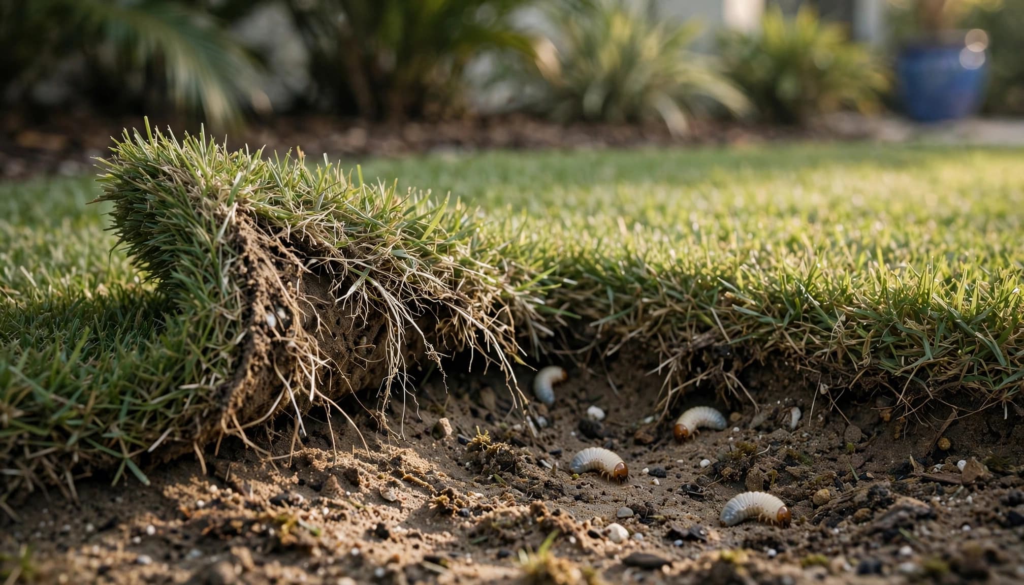 A lifted turf sample reveals white grubs beneath grass affected by lawn insect damage.