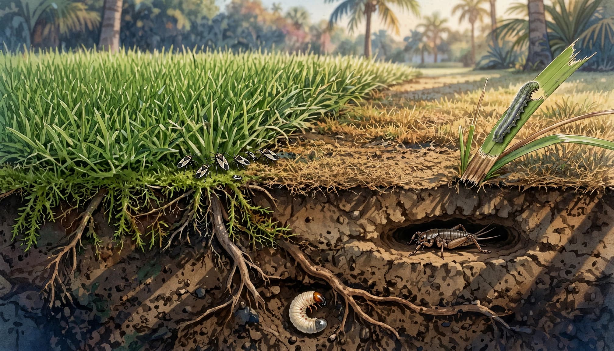 Illustration of Florida lawn pests feeding among grass blades, roots, and soil.