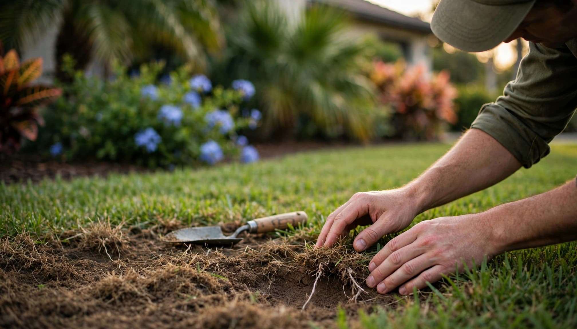 A homeowner inspects lawn insect damage at the edge of a brown patch.