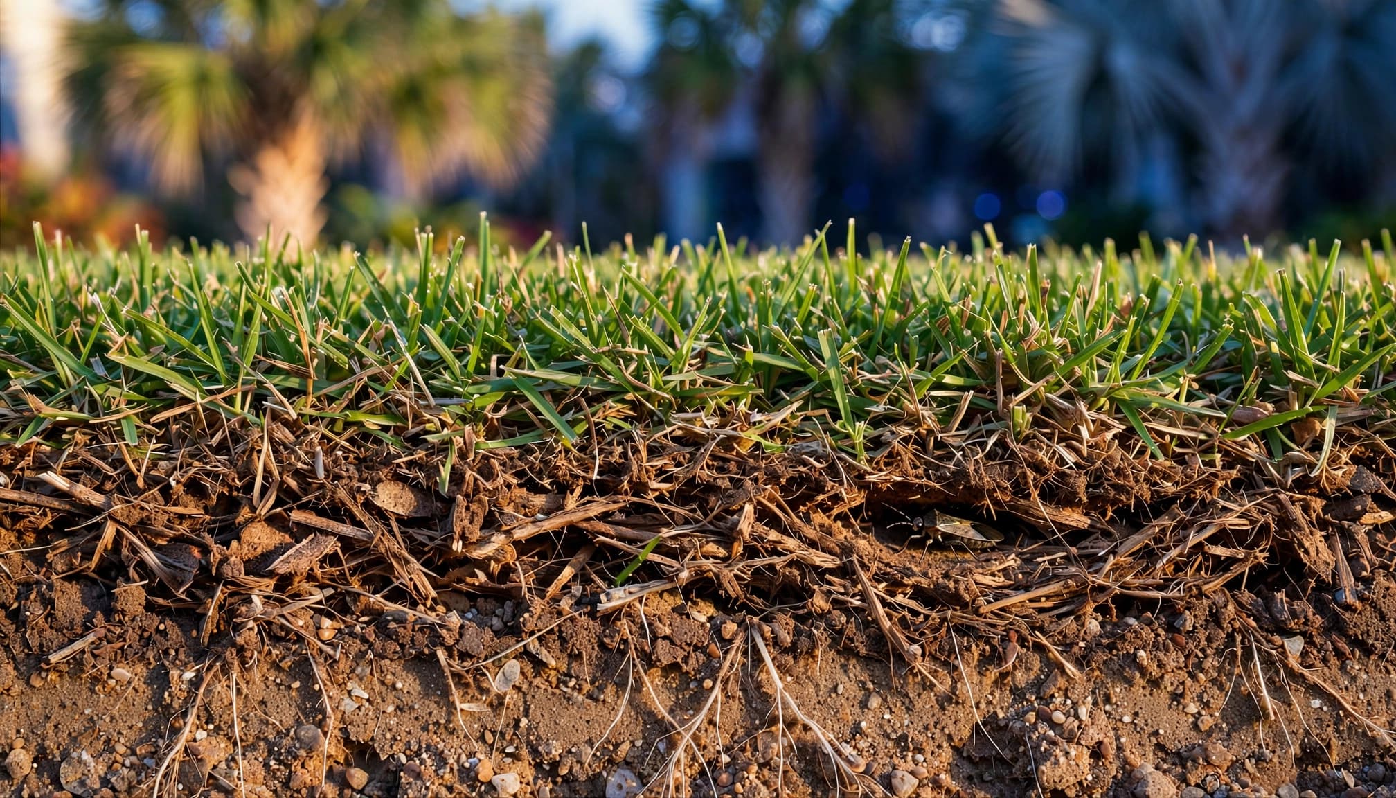 Grass and soil cross-section showing shelter for lawn thatch insects.