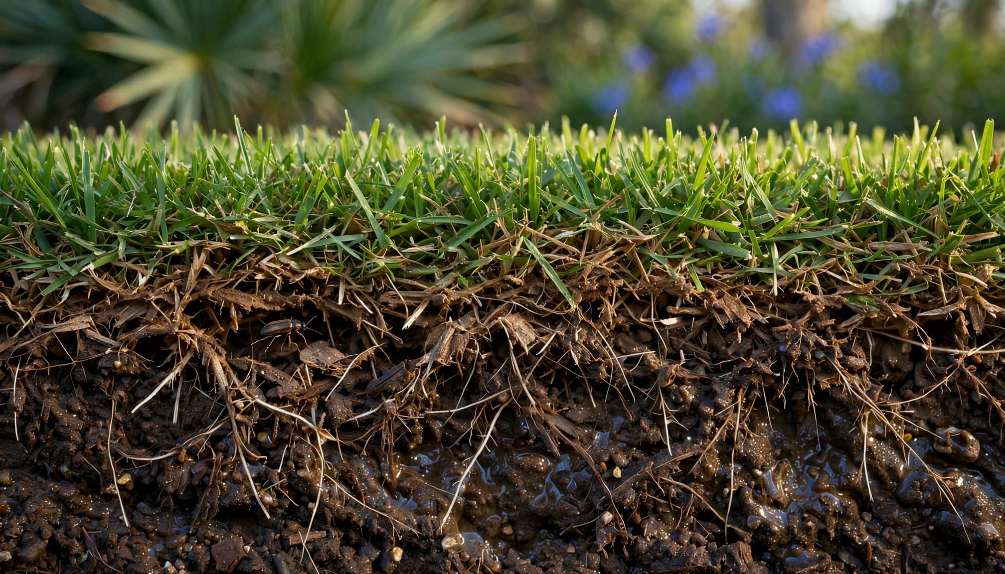 Turf and roots illustrating how to water after lawn insecticide for soil-targeted pest control.